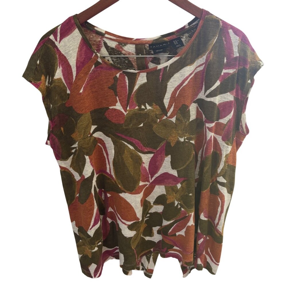 Tahari Women's 100% Linen Floral Short Sleeve Top Size XL Button Up Back